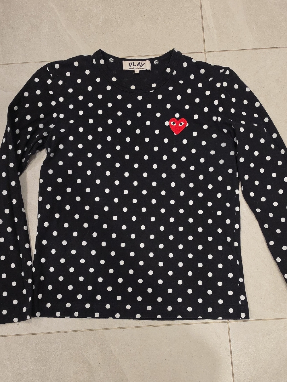 Comme des Garcons Play Black Polka Dot Long-Sleeve Tee with Red Heart